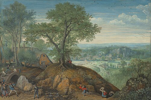 Extensive landscape with plundering soldiers, 1577, Lucas van Valckenborch