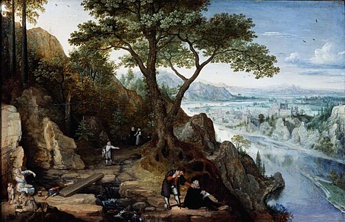 Riverlandscape with a view of Linz and a self-portrait of the artist in the foreground, 1595, Lucas van Valckenborch
