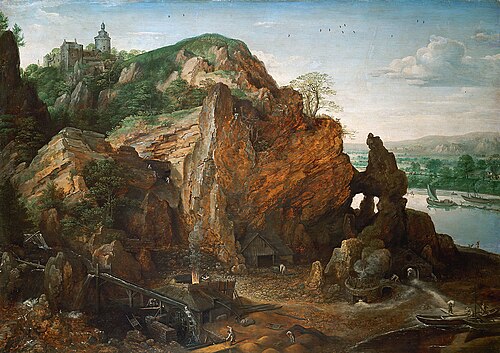 Maaslandschaft mit Bergwerk und Schmelzhütten, 1580, Lucas van Valckenborch