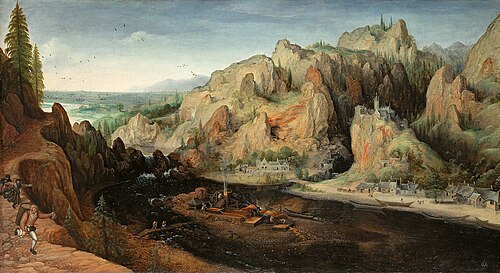 Gebirgslandschaft mit räuberischem Überfall und Stuckofen, , Lucas van Valckenborch
