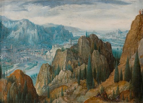 Mountainous landscape with the temptations of Christ, 1568, Lucas van Valckenborch