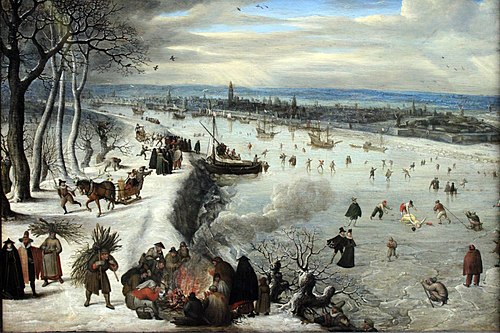 Zicht op Antwerpen met de bevroren Schelde, 1593, Lucas van Valckenborch