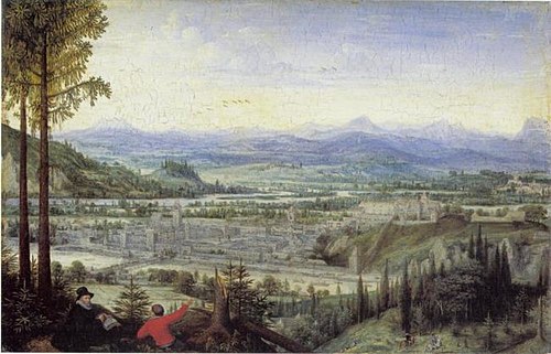 View of Linz with Artist Drawing in the Foreground, 1593, Lucas van Valckenborch