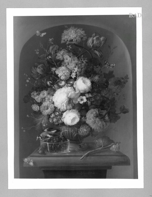 Blumenstillleben mit Stieglitz, 1856, Franz Xaver Petter