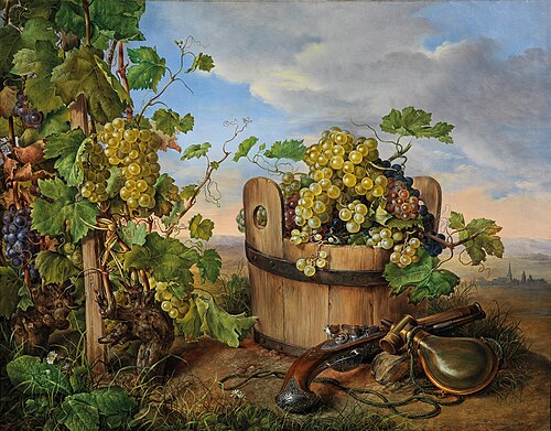 Large Still Life with Grapes, Flintlock Pistol and Powder Flask, a church in the background, 1856, Franz Xaver Petter