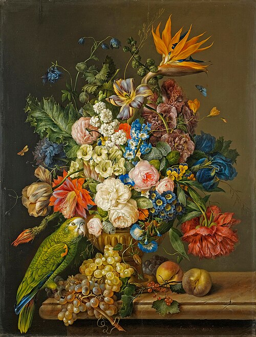A still life of roses, tulips, a bird of paradise, and other flowers in an urn, beside a green parro, 1830, Franz Xaver Petter