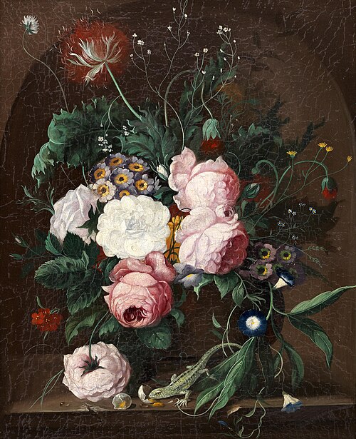 A still life of flowers with a lizard on a stone ledge, , Franz Xaver Petter