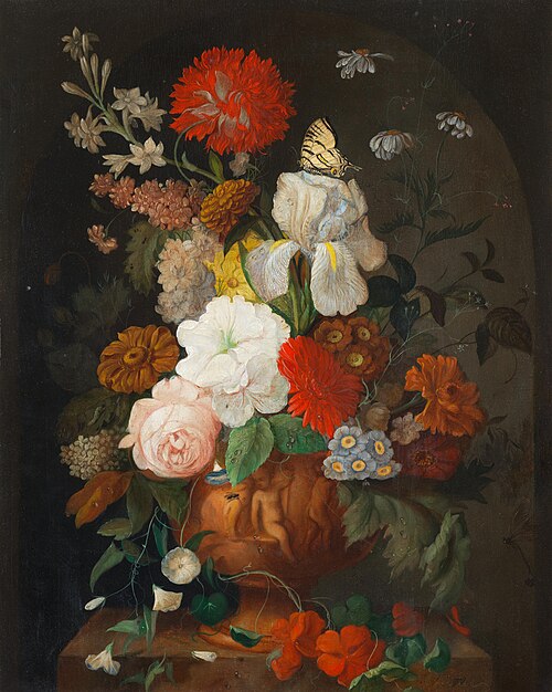 An Iris, roses, auriculas and other flowers in an urn on a stone ledge, with a butterfly, , Franz Xaver Petter