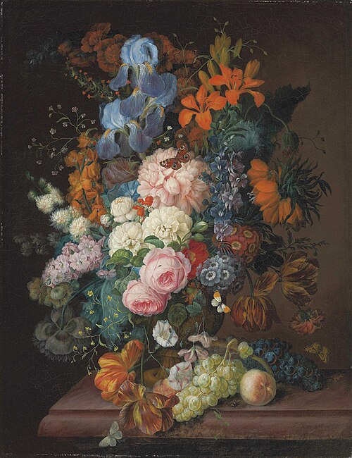 Roses, peonies, irises, violets, and other blooms in a terracotta urn, with grapes and a peach on a , 1837, Franz Xaver Petter