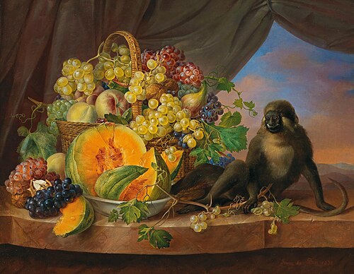 Still life with basket of fruit filled with grapes, peaches, figs and a small monkey, 1838, Franz Xaver Petter