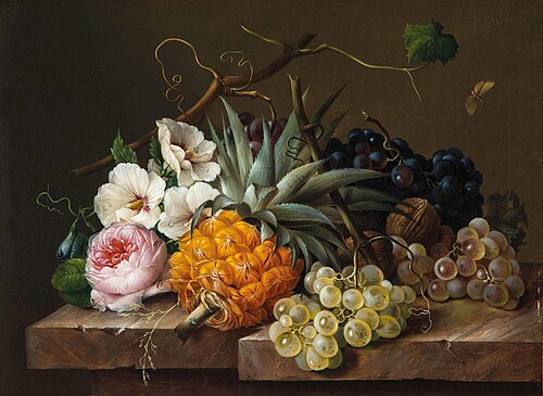 Flower and fruit still life with pineapples, grapes, nuts and insects, , Franz Xaver Petter