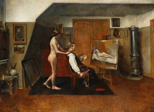 Interiør fra et atelie med kunstneren og hans model, 1909, Peter Alfred Schou