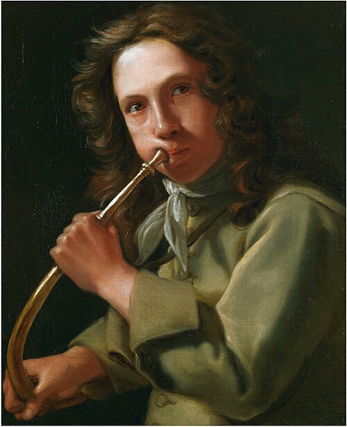 Portrait of a young man playing a hunting horn, , Michiel Sweerts