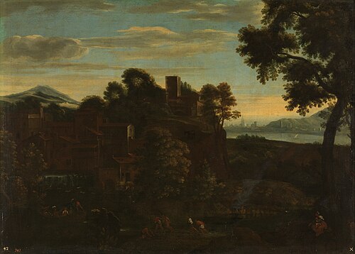 Paisaje con barcos, pescadores y la Huida a Egipto, 1601, Giovanni Francesco Grimaldi