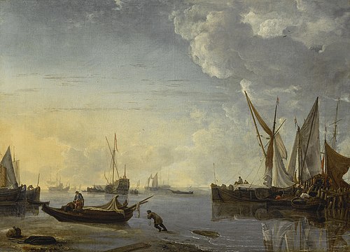 A Calm, with fishermen near a jetty, 1655, Hendrik Jacobsz Dubbels