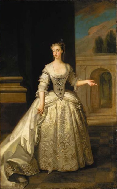 Portrait of Lady Caroline D'Arcy, Countess of Ancram, full-length, in a grey satin dress, beside a c, 1739, Enoch Seeman