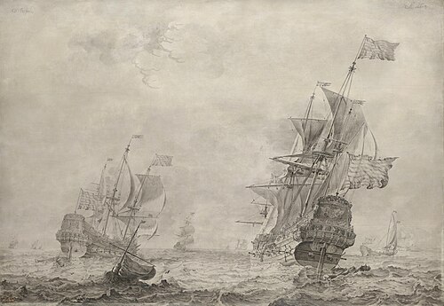 Three-Masted Sailing Boat on Gently Moving Water, 1665, Olfert de Vrij