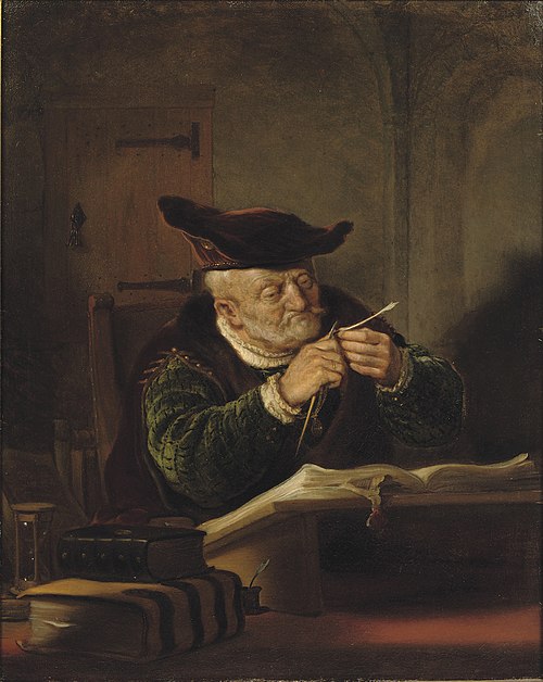 A scholar sharpening his quill, 1640, Salomon Koninck