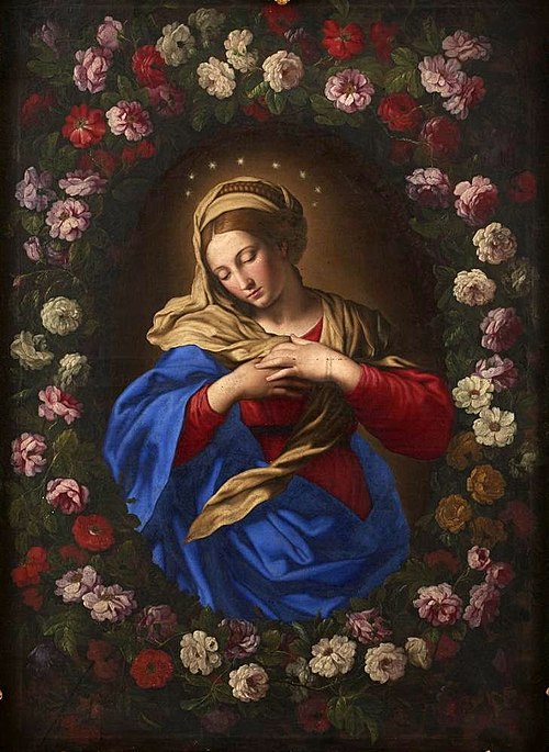 Our Lady in a garland of roses., 1650, Giovanni Battista Salvi da Sas