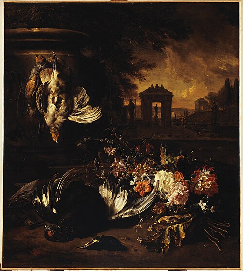 Fleurs et gibier mort devant un paysage, 1719, Jan Weenix