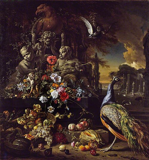 Flowers on a Fountain with a Peacock, 1710, Jan Weenix