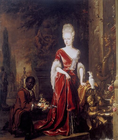 Portrait of Elisabeth Charlotte of the Palatine, duchess of Orléans (1652-1722), with a servant, 1691, Jan Weenix