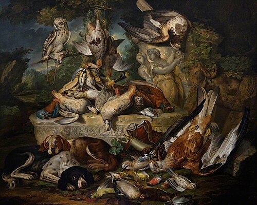 Hounds and an Owl with Dead Birds and Sculptures in a Landscape, , Jan Weenix
