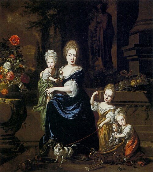 Portrait of a mother with children on the terrace., 1692, Jan Weenix