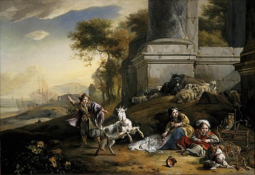 Kinderen met een geit in een Italiaans havenlandschap, 1665, Jan Weenix