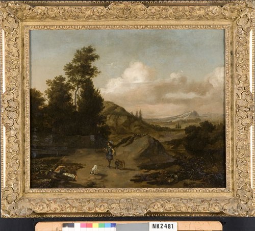 Heuvelig landschap met jager, 1690, Jan Weenix