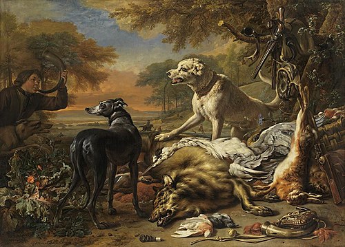 Hunting still life with wolf, 1702, Jan Weenix