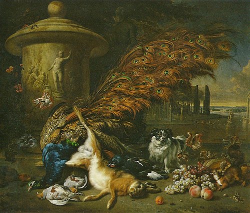 Jagdbeutestillleben mit Pfau, 1708, Jan Weenix