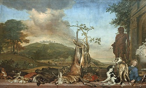 Hunting still life with a landscape and Bensberg Castle, 1712, Jan Weenix