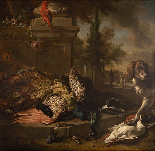 Still Life of Dead Poultry, a Parrot and a Spaniel in a Park, 1699, Jan Weenix