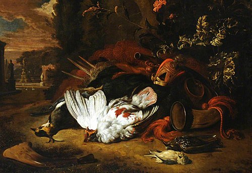 Still Life of Birds and Flowers in a Park, 1689, Jan Weenix