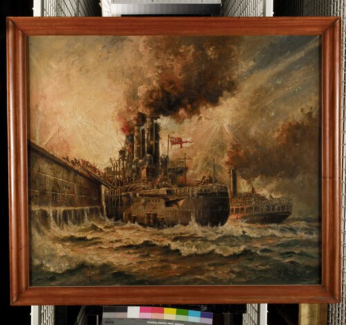 HMS 'Vindictive' at Zeebrugge, 23 April 1918, 1918, Charles de Lacy
