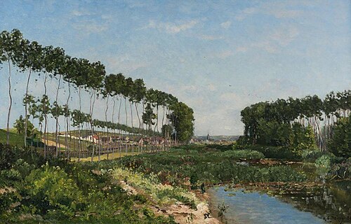 A tree-lined river landscape, a village beyond, , Hippolyte-Camille Delpy
