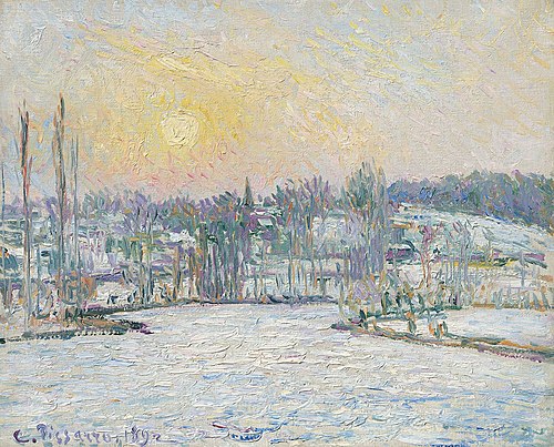 Vue de Bazincourt, effet de neige, soleil couchant, 1892, Camille Pissarro
