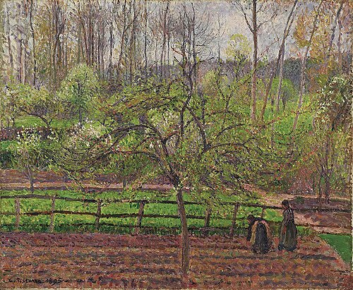 Femmes dans un clos, printemps, temps gris, Éragny, 1895, Camille Pissarro