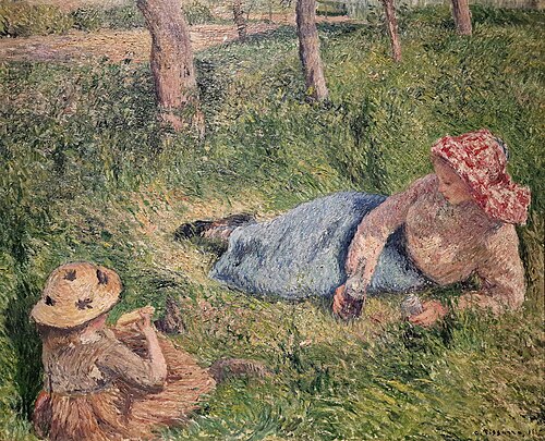 Le goûter, enfant et jeune paysanne au repos, 1882, Camille Pissarro