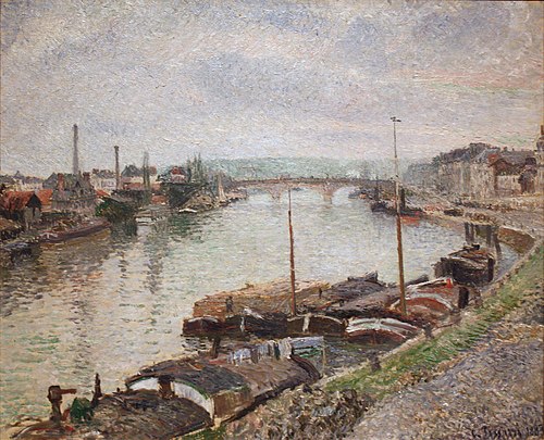 Le pont de pierre et les péniches à Rouen, 1883, Camille Pissarro