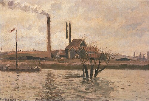 Usine à Saint-Ouen-l’Aumône, la crue de l’Oise, 1873, Camille Pissarro