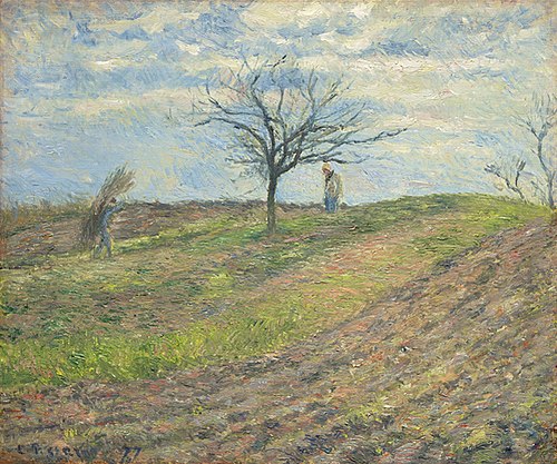 Terre labourée en hiver, avec un homme portant un fagot, 1877, Camille Pissarro
