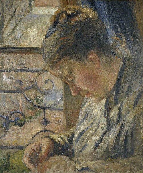 Julie Pissarro cousant, la maison rouge, Pontoise, 1877, Camille Pissarro