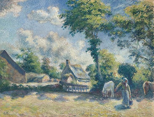 Paysage à Melleray, femme donnant à boire à des chevaux, 1881, Camille Pissarro
