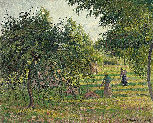 Apple trees and peasant woman raking hay, Éragny, 1895, Camille Pissarro