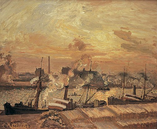 Déchargement de bois, quai de la Bourse, coucher de soleil, 1898, Camille Pissarro