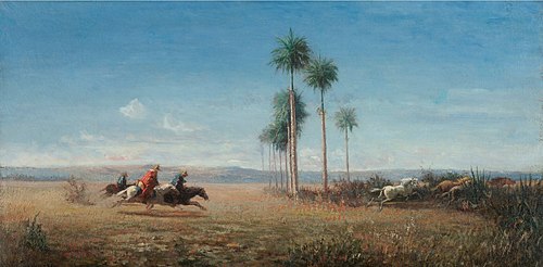 Trois cavaliers et chevaux galopant dans une plaine (Venezuela), 1850, Camille Pissarro