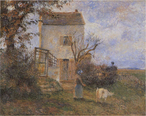 Paysanne et chèvre devant une maison, environs de Pontoise, 1879, Camille Pissarro