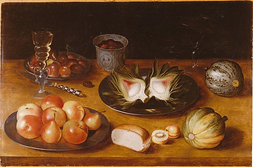 Still life of fruit, with glasswork and a bun, on a wooden ledge, ca. 1600, 1600, Jacob de Gheyn II